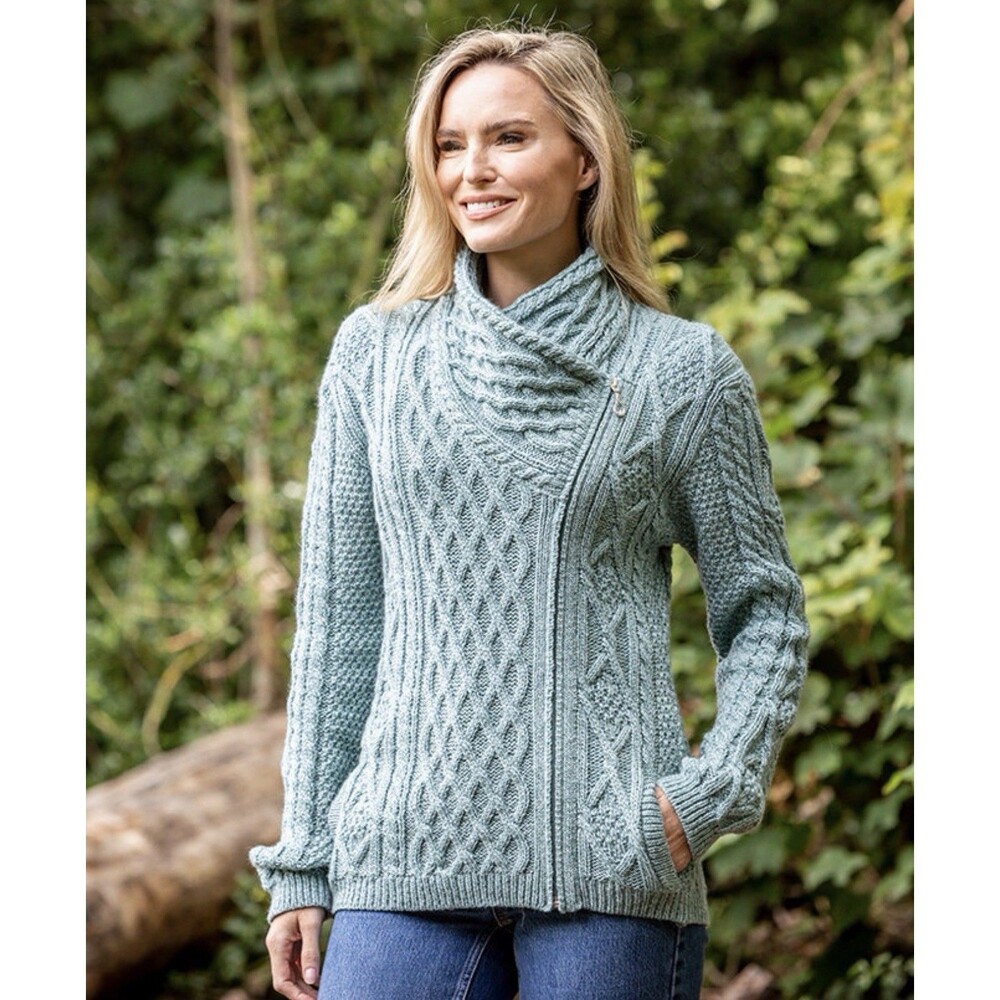 Aran Crafts Sweater Womens XL Green Merino Wool Cable Knit Cardigan Fisherman